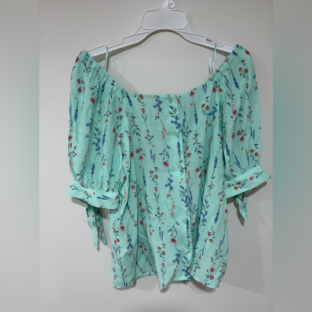 LC Lauren Conrad Green Square Neck Puff Short Sleeve Top Blouse Medium